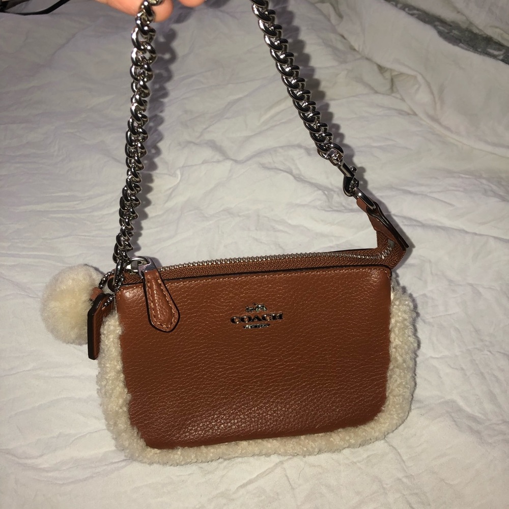 Brown leather and sherpa Coach mini bag